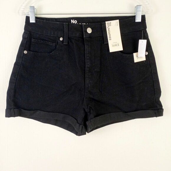 NWT No Boundaries High Rise Cuff Hem Denim Shorts Womens 8 Black Wash Stretch - Picture 1 of 6